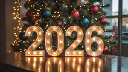 Glowing marquee numbers spelling out 2026 are placed on a wooden surface in front of a festive christmas tree adorned with lights and ornaments