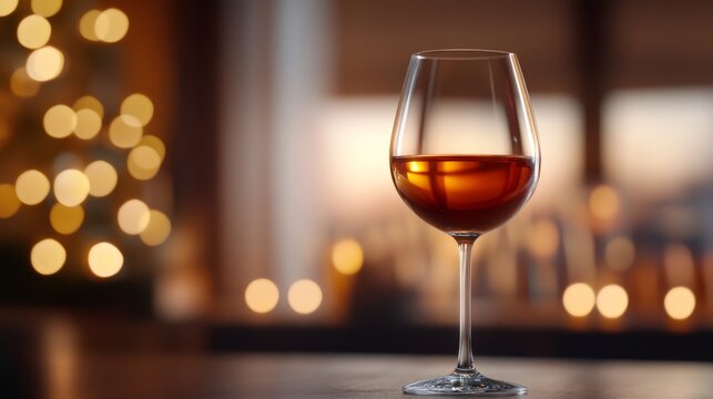 Wine glass on table with warm bokeh background