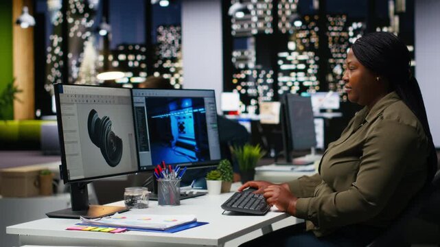 Team works with AI game hub and turbine to develop futuristic spaceship station. Neural networks software uses automation and machine learning to generate game environments and tools. Camera B.