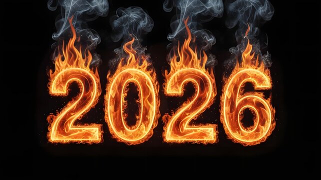 The year 2026 depicted in fiery orange numbers with smoke and flames against a stark black background, symbolizing a powerful and intense new year