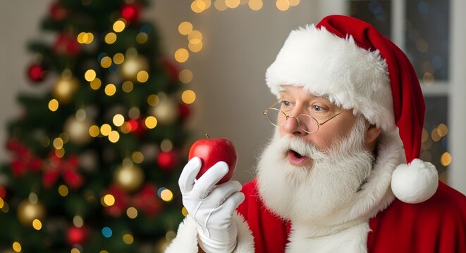Santa Christmas Saint Nicholas Day Santa Claus holding a red apple with a bokeh background of Christmas lights