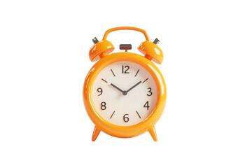 A vibrant orange alarm clock isolated on transparent background, showcasing a classic design with its twin bells and clear, readable numerals on the clock face