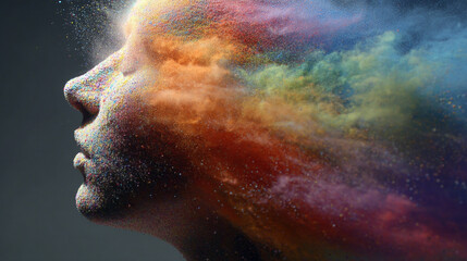 Idea exploding into rainbow dust with vibrant colorful particles radiating creativity energy imagination and inspiration symbolizing innovation thought expansion and dynamic conceptual visualization