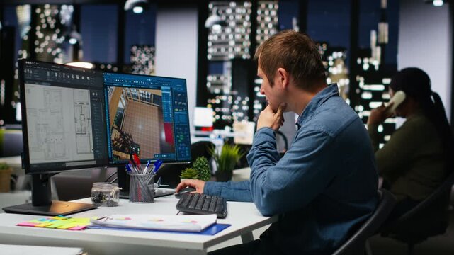 Expert designer decorating apartment floor plan using blueprints on pc, using architectural software to configure elements. Focused man uses interface to enable rendering and 3D modeling. Camera B.