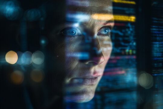 Guardians of the digital realm: a cybersecurity saga unfolds. Economic growth. Subtle glow illuminates the expert's focus in a dim cyber room. Data visualization. Risk assessment.