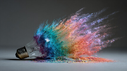 Idea exploding into rainbow dust with vibrant colorful particles radiating creativity energy imagination and inspiration symbolizing innovation thought expansion and dynamic conceptual visualization