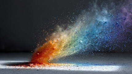 Idea exploding into rainbow dust with vibrant colorful particles radiating creativity energy imagination and inspiration symbolizing innovation thought expansion and dynamic conceptual visualization