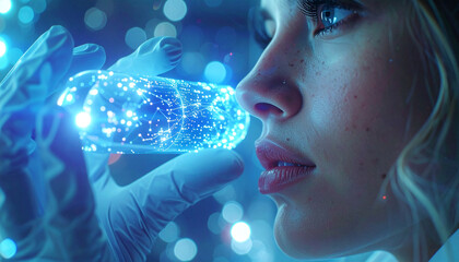 Researcher's Breakthrough: A close-up shot of a focused researcher peering intently at a vial of glowing, futuristic liquid, hinting at groundbreaking scientific discovery and innovation.
