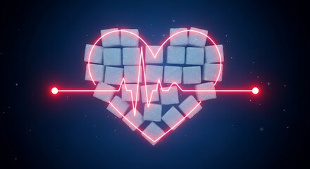 Heart Made of Sugar Cubes with Glowing Red Heart Rate Line - Diabetes and Cardiovascular Health Concept