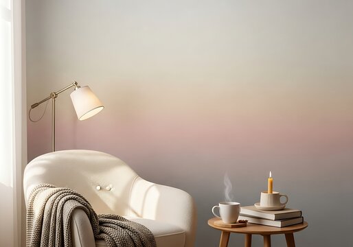 Interior scene evoking cozy serenity in a gradient colored ambience