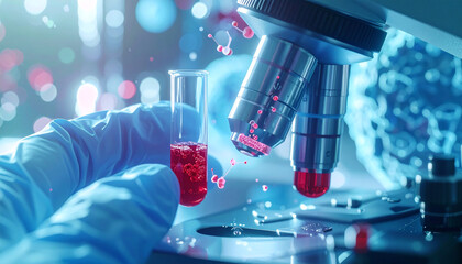 Scientific Exploration: A close-up shot of a scientist, diligently examining a sample under a microscope. capturing the essence of scientific discovery.