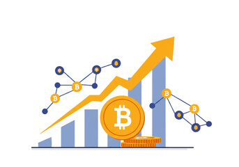 Illustration of Bitcoin growth with upward arrow, rising bar graph, and interconnected nodes on a white background.