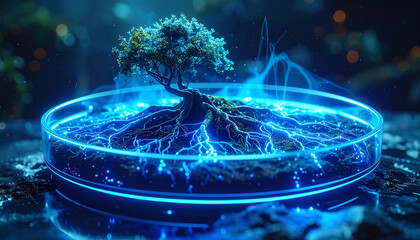 Digital Tree in Lab: A digitally crafted bonsai tree, with its roots illuminated, positioned within a transparent petri dish, symbolizing the fusion of nature and technology.