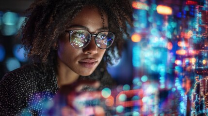 Innovative minds: women leading in digital data exploration. Technology progress. Turquoise glow highlights woman's focus on holographic data. Cyber technology. Intelligent systems.