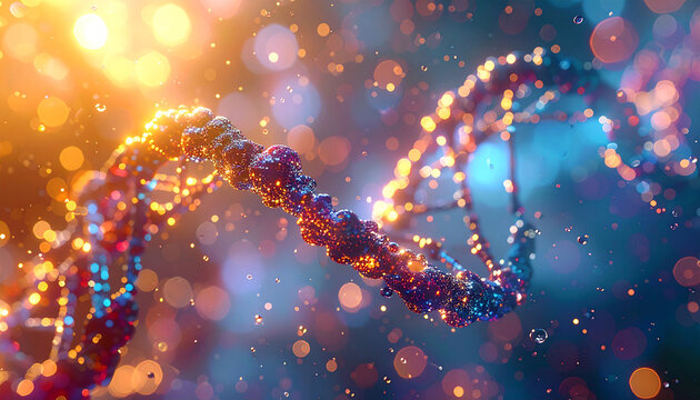 DNA Helix in Light: An artistic, abstract depiction of a DNA helix spirals elegantly, highlighted with bright light and a soft, blurred background.