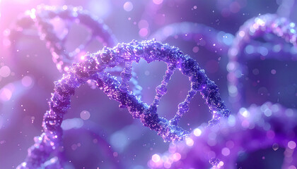 DNA Helix: A luminous, close-up view of a double helix DNA molecule, with a futuristic or science fiction aura, illuminating the essence of life and genetic heritage.