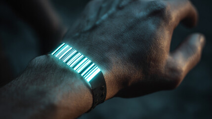 A glowing identity barcode displayed on a wrist, emitting neon light, symbolizing futuristic technology, digital identity, and cyberpunk aesthetics.