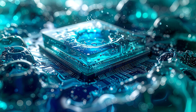 Tech Fusion: A cutting-edge microchip, illuminated in a captivating turquoise hue, is delicately interwoven with droplets of water, creating an intricate blend of technology and the elements.