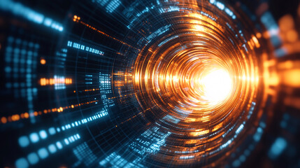 Abstract circular portal formed by flowing data streams, glowing with neon light and digital energy, creating a futuristic, high-tech, and immersive sci-fi visual effect.
