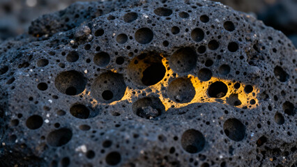 Close-up of porous volcanic rock with glowing lava visible through holes