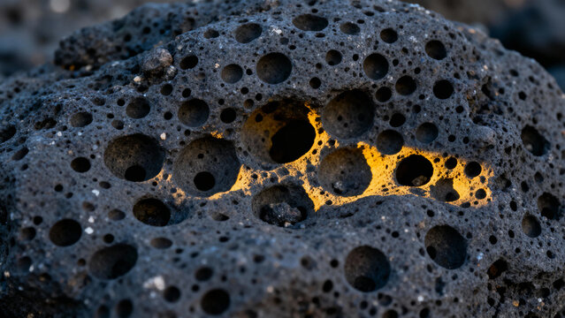 Close-up of porous volcanic rock with glowing lava visible through holes - Powered by Adobe