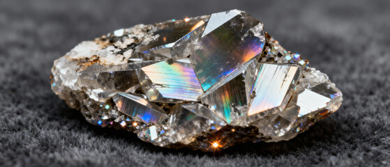 A close-up of a crystal cluster with iridescent facets and reflective surfaces, set against a dark textured background.