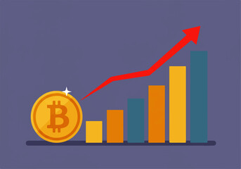 Bitcoin illustration showing an upward trend with a red arrow and rising bar graph, symbolizing growth and investment.