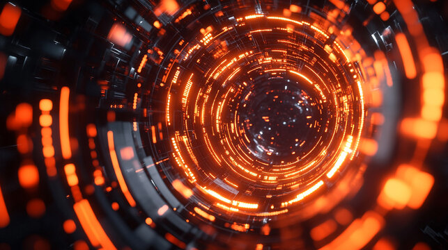 Abstract circular portal formed by flowing data streams, glowing with neon light and digital energy, creating a futuristic, high-tech, and immersive sci-fi visual effect.