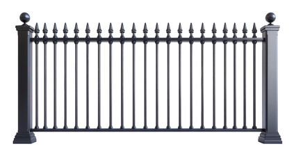 A sturdy black metal fence, isolated on transparent background, stands as a symbol of security and boundary, showcasing its intricate design and robust construction
