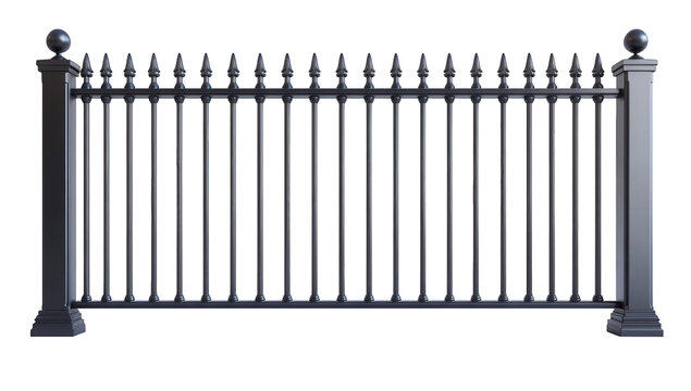 A sturdy black metal fence, isolated on transparent background, stands as a symbol of security and boundary, showcasing its intricate design and robust construction