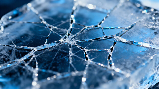 Close-up of cracked ice with intricate fracture patterns and blue tones