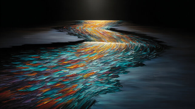 Abstract depiction of energy and flow, with vibrant luminous waves and dynamic motion, creating a futuristic, fluid, and visually striking digital art scene.