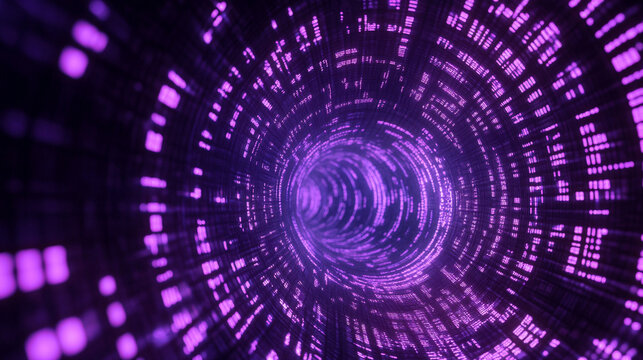 Abstract circular portal formed by flowing data streams, glowing with neon light and digital energy, creating a futuristic, high-tech, and immersive sci-fi visual effect.