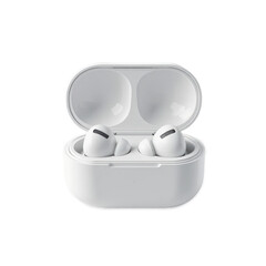 White wireless earbuds with charging case &mdash; isolated on transparent png background