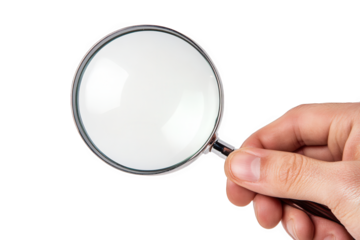 A hand holds a magnifying glass, isolated on transparent background, symbolizing investigation, scrutiny, and the pursuit of knowledge and detailed examination