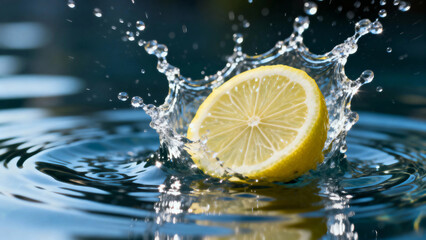 A slice of lemon splashing into water, creating a dynamic crown of droplets and ripples on the surface.