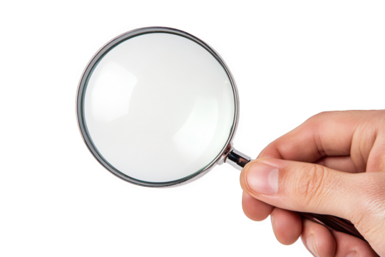 A hand holds a magnifying glass, isolated on transparent background, symbolizing investigation, scrutiny, and the pursuit of knowledge and detailed examination
