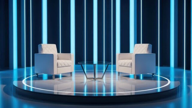 Futuristic Interview Set: Two White Armchairs and a Glass Table on a Glowing Stage with Vertical Neon Blue Lights, Talk Show