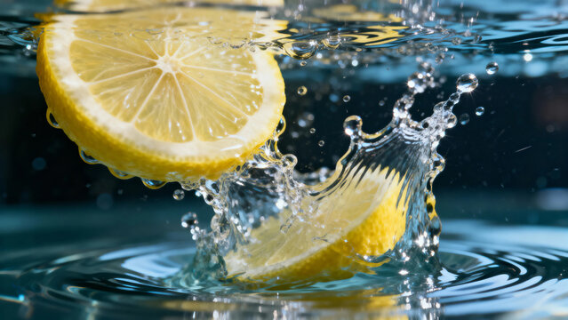 Sliced lemon falling into water with splash and droplets