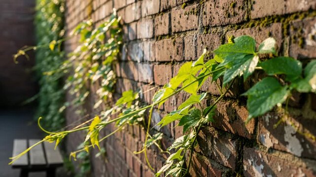 Lush green vines with water droplets climb an old weathered brick wall bathed in warm golden hour