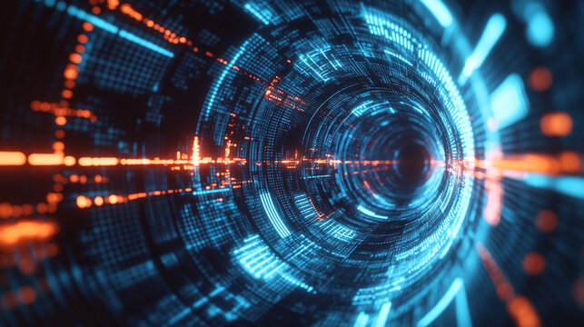 Abstract circular portal formed by flowing data streams, glowing with neon light and digital energy, creating a futuristic, high-tech, and immersive sci-fi visual effect.
