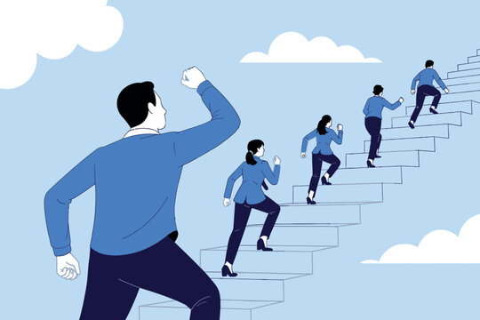 Team climbing stairs towards success achieving goals together with determination and motivation leadership inspiring growth - Powered by Adobe