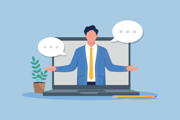 Man in suit presenting online via laptop with speech bubbles for digital communication and virtual meetings