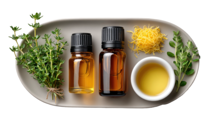Aromatic oils, herbs, zest on a neutral platter