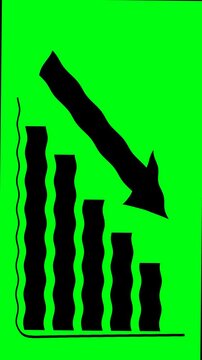 Un primer plano de un Icono gr&aacute;fico de barras con una flecha descendente de color negro con un movimiento de onda en un fondo verde