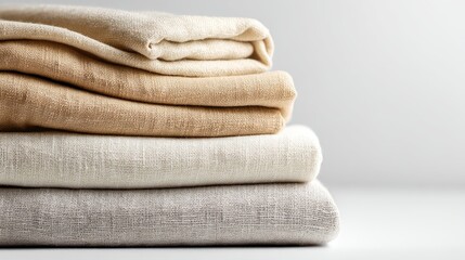 Stacked folded fabrics in neutral tones against a plain, bright background