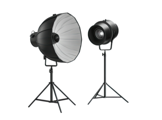 Studio lighting reflector & spotlight on tripods, dark scene