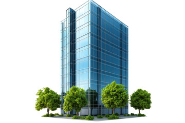 Modern glass skyscraper isolated on transparent background, showcasing its sleek design, surrounded by lush green trees, creating a harmonious blend of urban architecture and nature