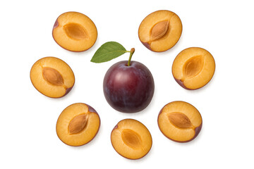 Fresh whole plum with green leaf and multiple pitted halves, purple ripe fruit showing succulent orange pulp, healthy food for balanced diet