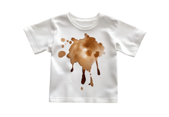White tshirt isolated on transparent background with a brown coffee stain on the front, creating a unique and eyecatching design element for clothing